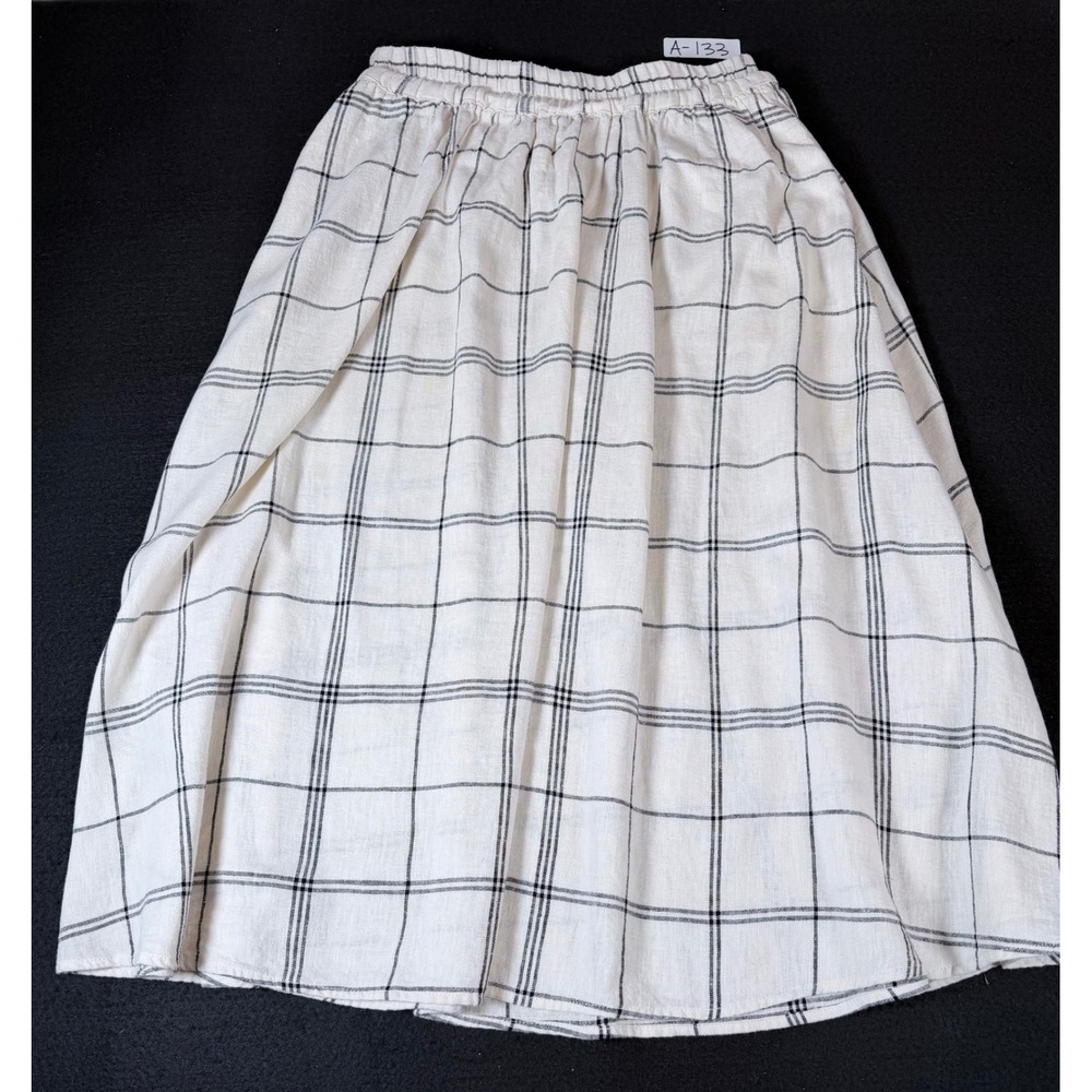 A New Day Linen Blend Plaid Midi Skirt Cream Black Windowpane Small